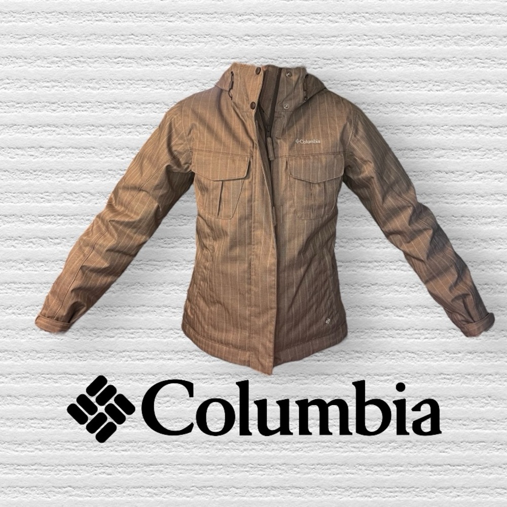 SOLD: Columbia Brown Striped Omni-Tech Ski and Snowboarding Jacket Hooded M - Picture 1 of 11